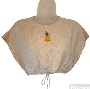 Osklen Praia Linen Crop Top with Pineapple Embroidery and Drawstring Waist Sz S